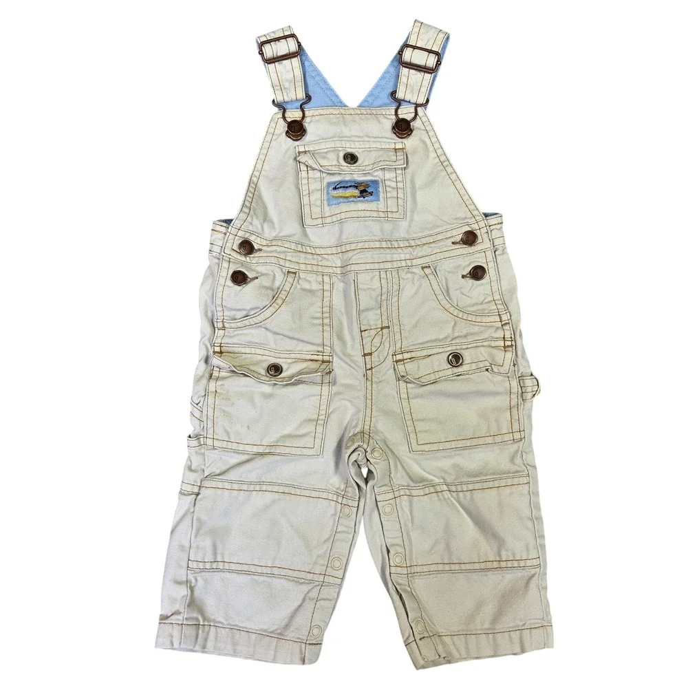 Vintage Gymboree Tan Canvas Cargo Overalls Train Patch 6-12 Months Retro